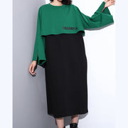 Elegant green autumn cotton dress oversized O neck gown New faux two pieces caftans