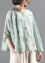 Elegant green embroidery tunic pattern o neck Batwing Sleeve Knee  blouses - SooLinen