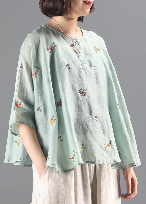 Elegant green embroidery tunic pattern o neck Batwing Sleeve Knee  blouses - SooLinen