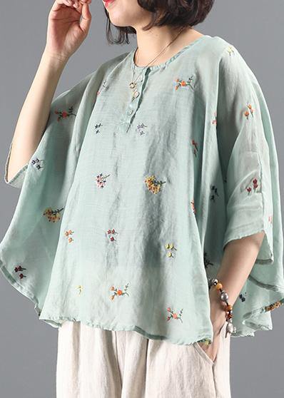 Elegant green embroidery tunic pattern o neck Batwing Sleeve Knee  blouses - SooLinen