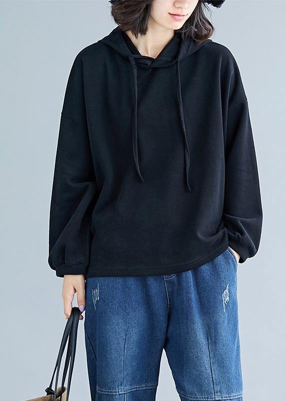 Elegant hooded drawstring cotton black top fall - SooLinen