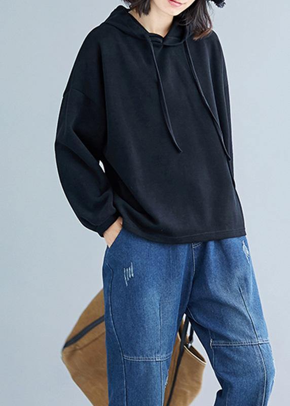 Elegant hooded drawstring cotton black top fall - SooLinen