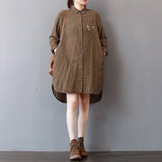 Elegant khaki striped linen knee dress plus size linen cotton dress lapel collar Fine low high design natural linen dress