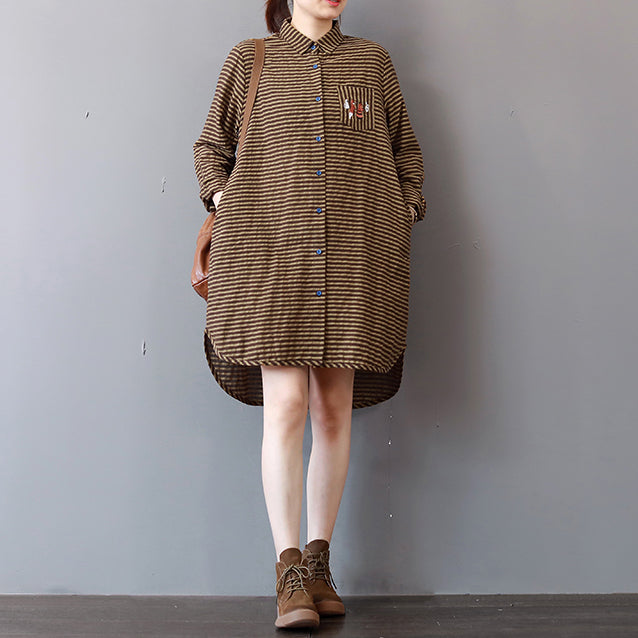 Elegant khaki striped linen knee dress plus size linen cotton dress lapel collar Fine low high design natural linen dress