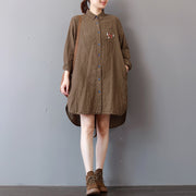 Elegant khaki striped linen knee dress plus size linen cotton dress lapel collar Fine low high design natural linen dress