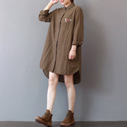 Elegant khaki striped linen knee dress plus size linen cotton dress lapel collar Fine low high design natural linen dress