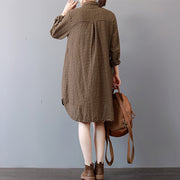 Elegant khaki striped linen knee dress plus size linen cotton dress lapel collar Fine low high design natural linen dress