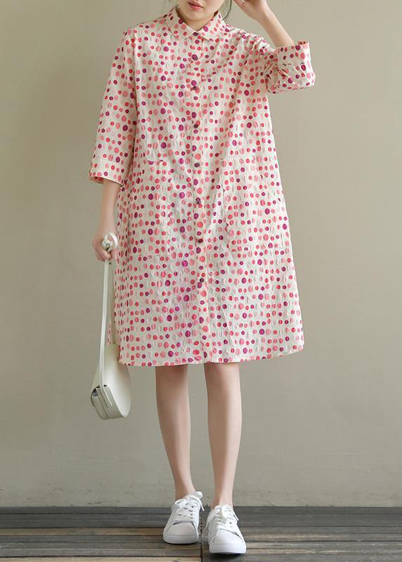 Elegant lapel pockets Cotton dress pink dotted Dress summer - SooLinen