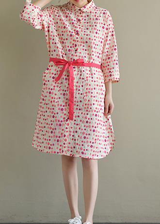 Elegant lapel pockets Cotton dress pink dotted Dress summer - SooLinen