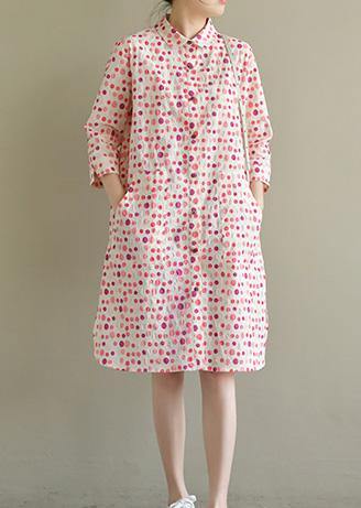 Elegant lapel pockets Cotton dress pink dotted Dress summer - SooLinen