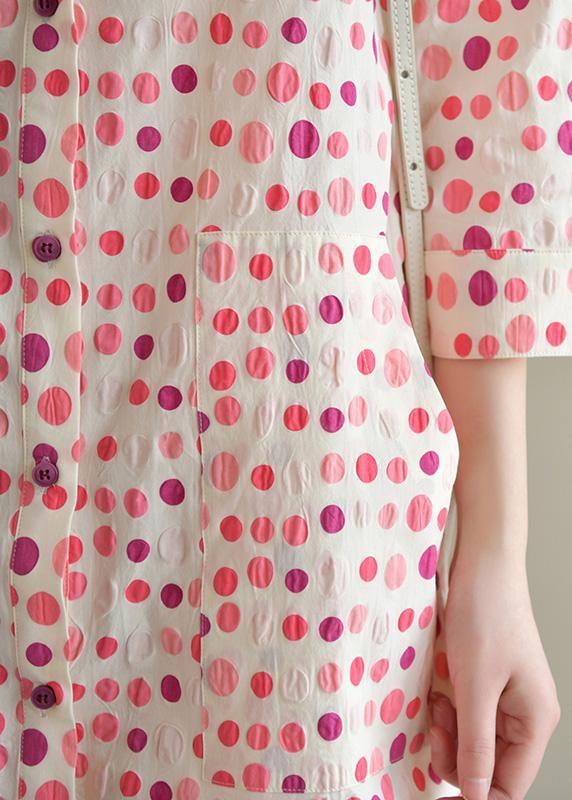 Elegant lapel pockets Cotton dress pink dotted Dress summer - SooLinen