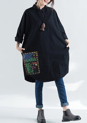 Elegant lapel print cotton tunic pattern Plus Size design black Knee shirts spring