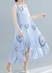 Elegant light blue print cotton dress sleeveless low high design loose summer Dresses - SooLinen