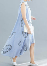 Elegant light blue print cotton dress sleeveless low high design loose summer Dresses - SooLinen