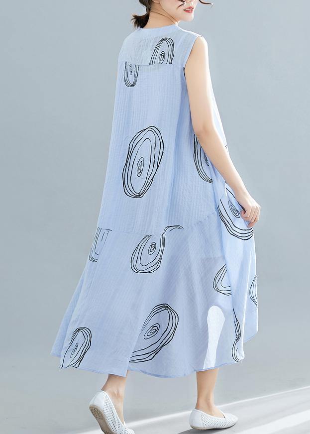 Elegant light blue print cotton dress sleeveless low high design loose summer Dresses - SooLinen