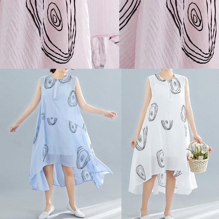 Elegant light blue print cotton dress sleeveless low high design loose summer Dresses - SooLinen