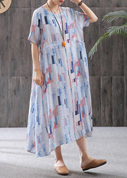 Elegant linen clothes fine Print Short Sleeve A-Line Round Neck Dress - SooLinen