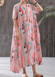 Elegant linen clothes fine Print Short Sleeve A-Line Round Neck Dress - SooLinen