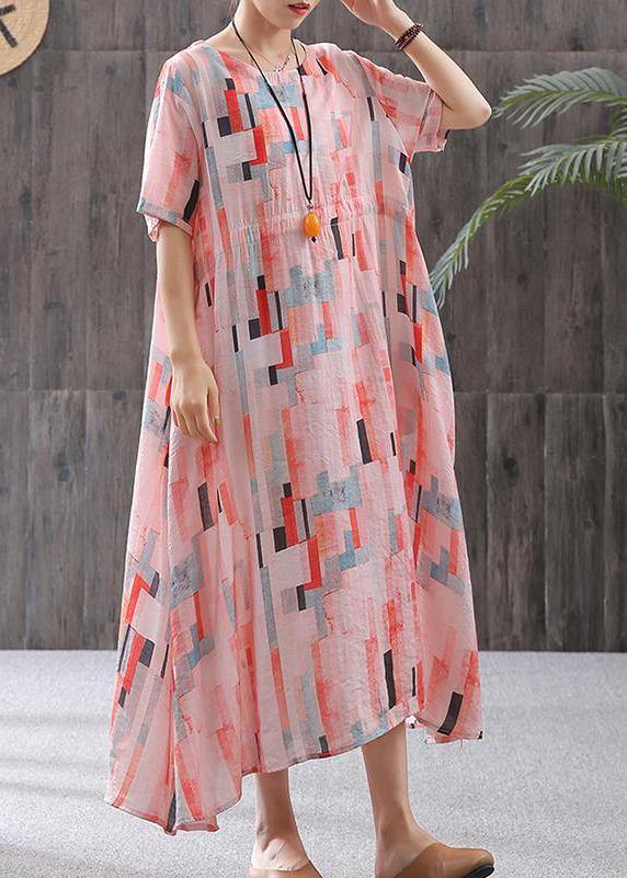 Elegant linen clothes fine Print Short Sleeve A-Line Round Neck Dress - SooLinen