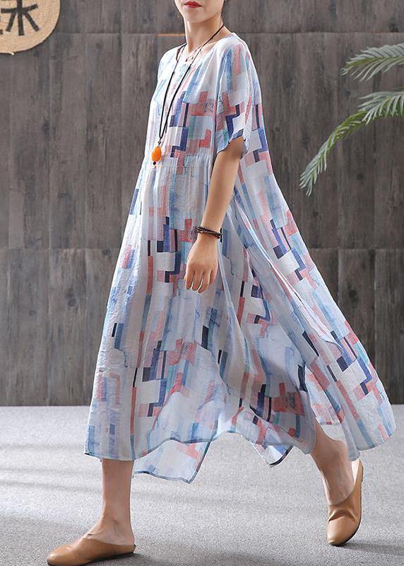 Elegant linen clothes fine Print Short Sleeve A-Line Round Neck Dress - SooLinen