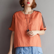 Elegantes T-Shirt aus natürlichem Baumwoll-Leinen plus Größe Sommer-Kurzarm-Orange-Bluse mit hohem und niedrigem Saum