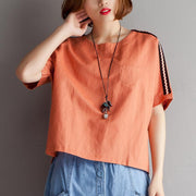 Elegantes T-Shirt aus natürlichem Baumwoll-Leinen plus Größe Sommer-Kurzarm-Orange-Bluse mit hohem und niedrigem Saum