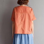 Elegantes T-Shirt aus natürlichem Baumwoll-Leinen plus Größe Sommer-Kurzarm-Orange-Bluse mit hohem und niedrigem Saum