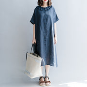 Elegant navy cotton linen dress casual dress fine short sleeve patchwork Peter pan Collar pockets cotton linen dresses