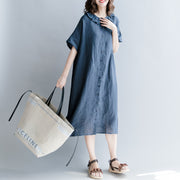 Elegant navy cotton linen dress casual dress fine short sleeve patchwork Peter pan Collar pockets cotton linen dresses