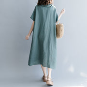 Elegant navy cotton linen dress casual dress fine short sleeve patchwork Peter pan Collar pockets cotton linen dresses