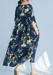 Elegant navy print cotton pattern o neck baggy Maxi Dress - SooLinen