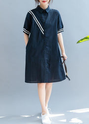 Elegant navy quilting dresses lapel Button Down oversized summer Dress - SooLinen