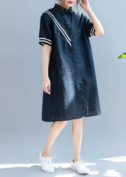 Elegant navy quilting dresses lapel Button Down oversized summer Dress - SooLinen