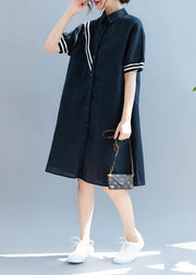 Elegant navy quilting dresses lapel Button Down oversized summer Dress - SooLinen