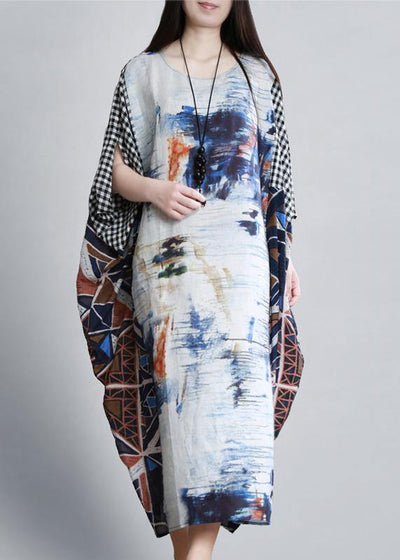 Elegant o neck Batwing Sleeve Long dress Runway blue white print Dress - SooLinen