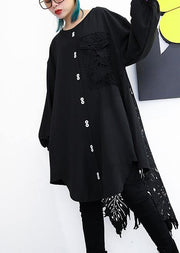 Elegant o neck European Cotton patchwork lace dresses Wardrobes black Dress summer - SooLinen