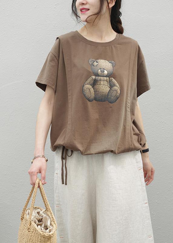 Elegant o neck drawstring cotton top Wardrobes chocolate print shirt - SooLinen