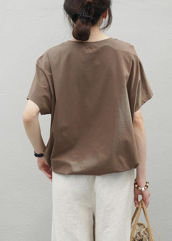 Elegant o neck drawstring cotton top Wardrobes chocolate print shirt - SooLinen