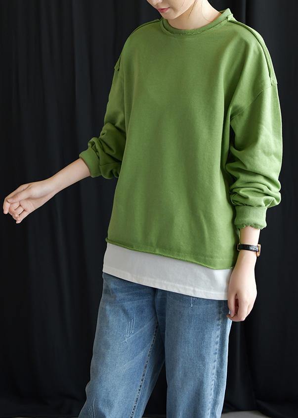 Elegant o neck false two pieces cotton linen tops women green top fall - SooLinen