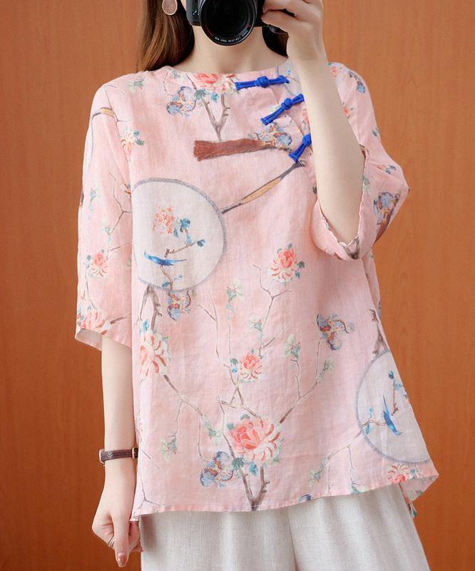 Elegant o neck half sleeve clothes For Women Photography pink floral shirt - SooLinen