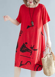 Elegant o neck patchwork linen cotton clothes Women stylish Sewing red print shift Dresses Summer - SooLinen