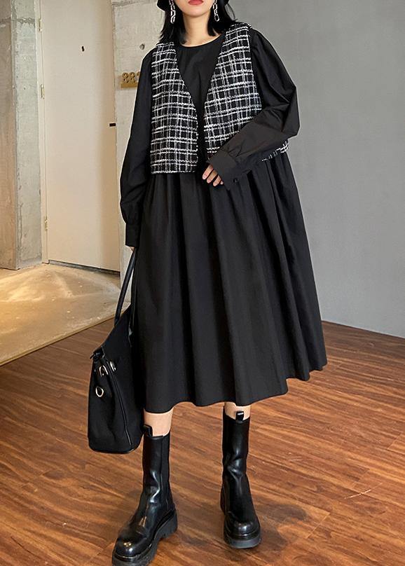 Elegant o neck patchwork plaid clothes Inspiration black Plus Size Dress - SooLinen