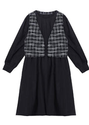 Elegant o neck patchwork plaid clothes Inspiration black Plus Size Dress - SooLinen