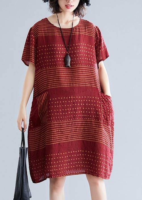 Elegant o neck pockets Cotton quilting dresses Runway burgundy dotted Dress - SooLinen