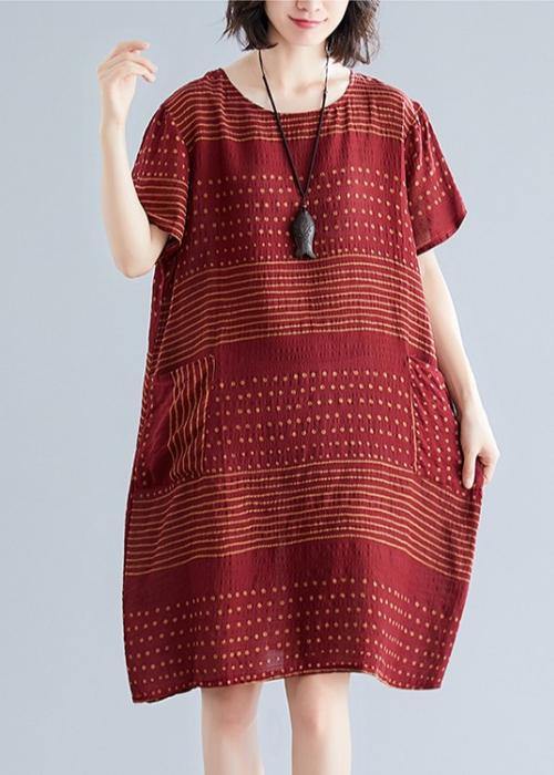 Elegant o neck pockets Cotton quilting dresses Runway burgundy dotted Dress - SooLinen