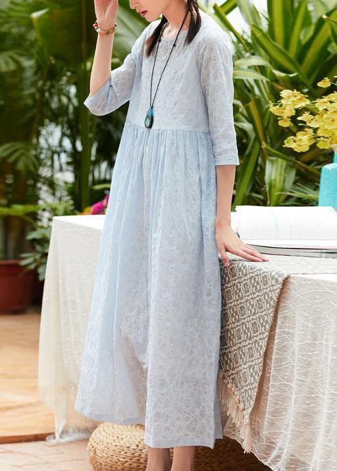 Elegant o neck pockets cotton quilting clothes design light blue Plus Size Dresses summer - SooLinen