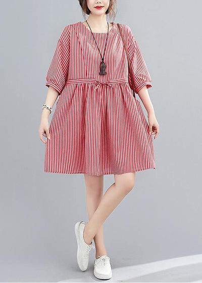 Elegant o neck pockets summer Work Outfits red striped Dress - SooLinen