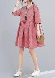 Elegant o neck pockets summer Work Outfits red striped Dress - SooLinen