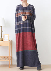 Elegant o neck side open cotton outfit Inspiration red striped Art Dresses - SooLinen