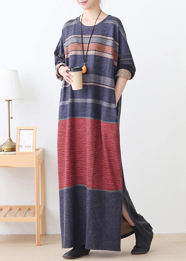 Elegant o neck side open cotton outfit Inspiration red striped Art Dresses - SooLinen